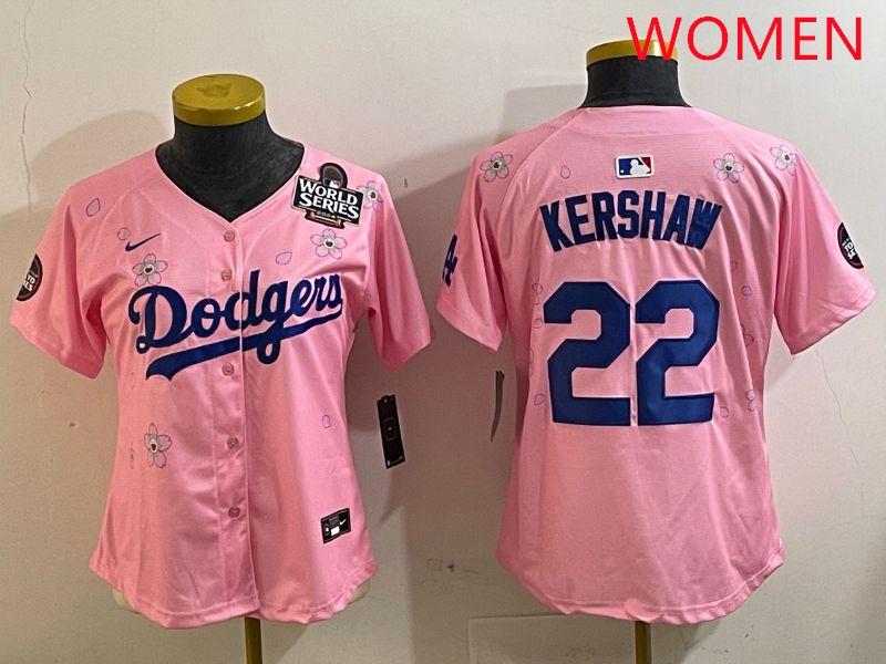 Women Los Angeles Dodgers 22 Kershaw Pink White Blue Sakura Edition 2025 Nike MLB Jersey style 7
